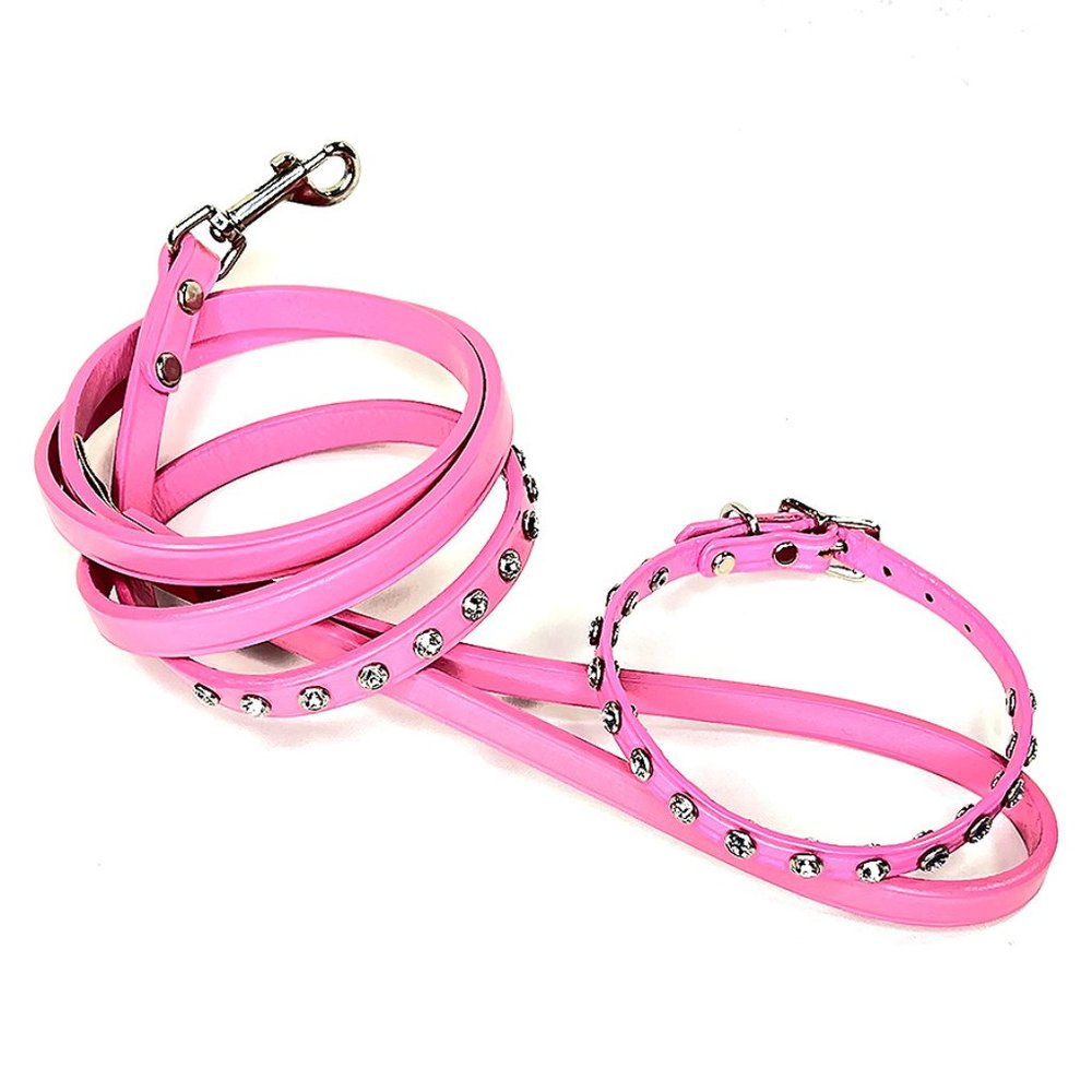 Crystal Studded Pink Leather Collar and Leash